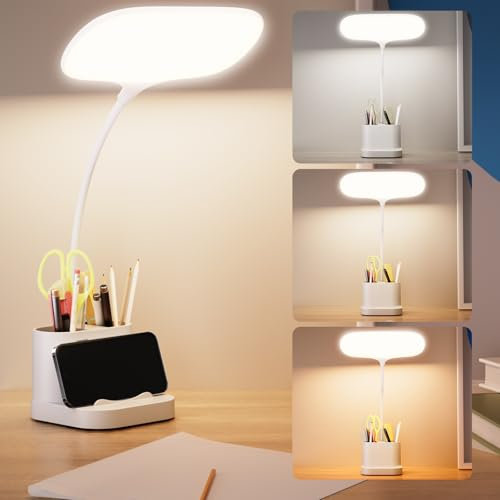 brightower Schreibtischlampe Kinder, Touch LED Schreibtischleuchte mit Stifthalter, 3 Farben&Stufenloses Dimmen,Schwanenhals Leselicht mit USB-Anschluss, für Büro, Schlafzimmer, Wohnzimmer (Weiß)