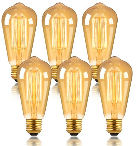6 Pack Dimmable ST64 Vintage Edison Bulb, E27 Screw Filament Bulb Amber Warm White 2700K, Squirrel Cage Shaped Filament Bulb, Suitable for Bedroom, Cafe, Chandelier, Bookstore, Interior Decoration