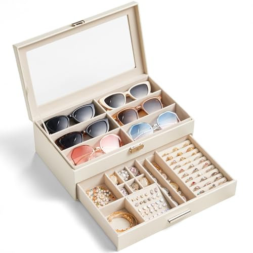 Lifewit Custodia Occhiali Rigida Donna, Porta Occhiali da Sole Multiplo, Scatola Porta Occhiali con Cassetto, Portagioie da Camera da Letto, Porta Gioielli per Bracciale, Anello, Collana, Bianco crema