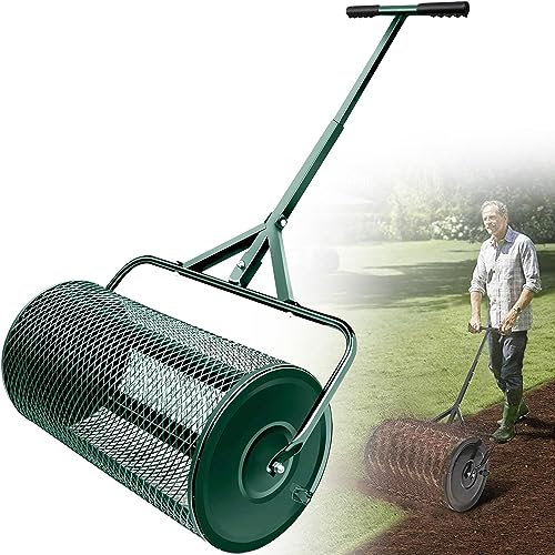 Esparcidor de abono, esparcidor de turba con mango ajustable en forma de T, esparcidor de malla metálica para césped y jardín, esparcidor de estiércol antioxidante para plantar y sembrar,Green