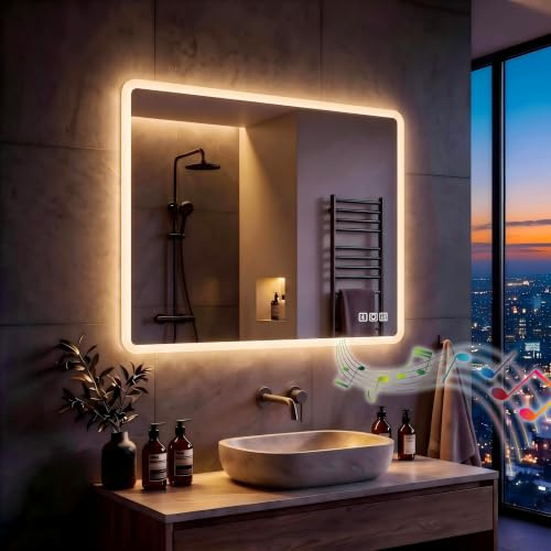 MIQU Badspiegel LED 80 x 60 cm Badezimmerspiegel mit Beleuchtung Groß Spiegel mit Licht Touch dimmbar Rechteckig Wandspiegel mit Bluetooth + Steckdose +Beschlagfrei + 3 Lichtfarben