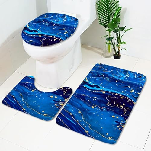 Badezimmerteppich Dunkelblaues Gold WC Vorleger mit Ausschnitt WC Deckelbezug 3 Teiliges WC Teppich rutschfeste Badgarnitur U förmiger Badematte Waschbar Bad Teppiche Set 50x80 cm