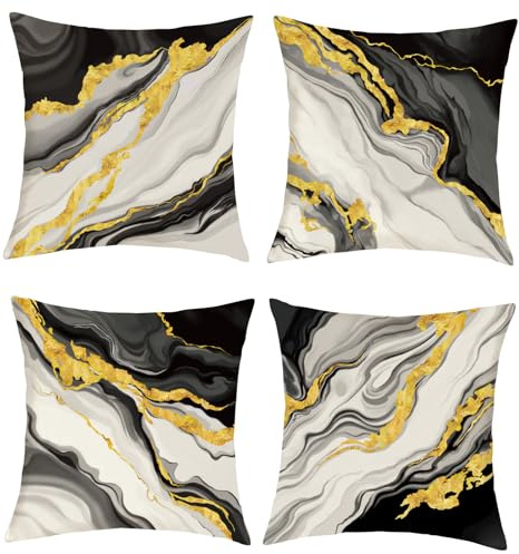 Joymaison Kissenbezüge 45x45cm 4er Set Marmor Schwarz Gold Moderne Abstrakt