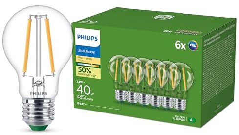 Philips Ultra Efficient LED Glühbirne, Energieeffizienzklasse A, mit E27 Sockel, 40 W, klar, warmweiß 2700 K, 6er Pack, Weiß