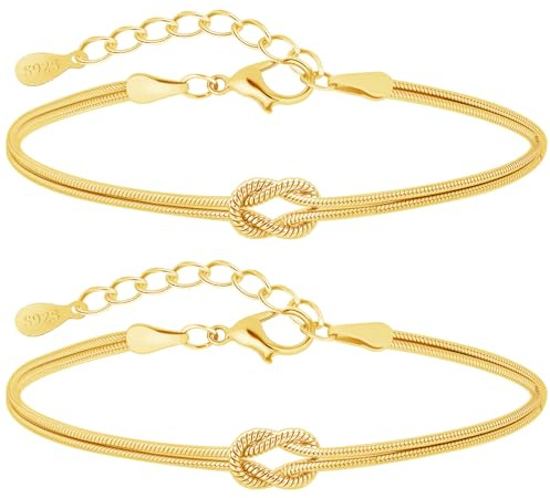 J.Fée 2Pcs Pulsera Mujer Plata 925 Pulsera Para Parejas Pulseras Amistad, Pulseras Mujer Oro 14K Ajustable con Nudo del Amor, Regalo Señora Regalo Amiga Parejas Regalos Dia de la Madre