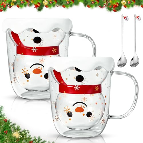 MZJAUVF 2PCS Taza de Navidad, 300ml Tazas de Cafe de Doble Pared, Taza Navideñas Bonitas, Taza de Cafe Cristal con Cuchara, Muñeco de Nieve Navideño Tazass, Tazas Navidad para Café, Leche, Té