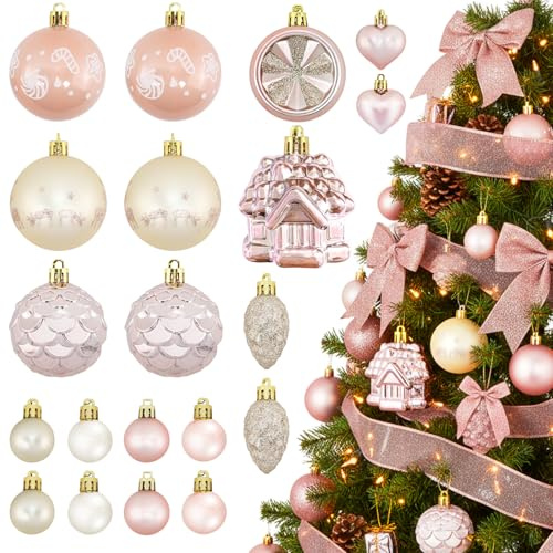 Weihnachtskugeln Kunststoff 40 Stück Set Roségold Ø 3-6cm, Robuste und Sichere Christbaumschmuck Set mit Aufhängen, Matt, Glänzend Christbaumkugeln, Mehrweg Weihnachtsdeko