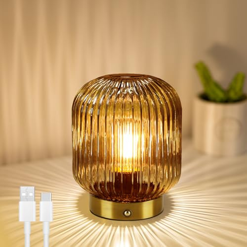 MJ PREMIER Rechargeable Table Lamp, Cordless Lamp with Dimmable Brightness | Yellow Glass Lamps with Memory Function, Decorative Touch Lamps for Bedroom Living Room