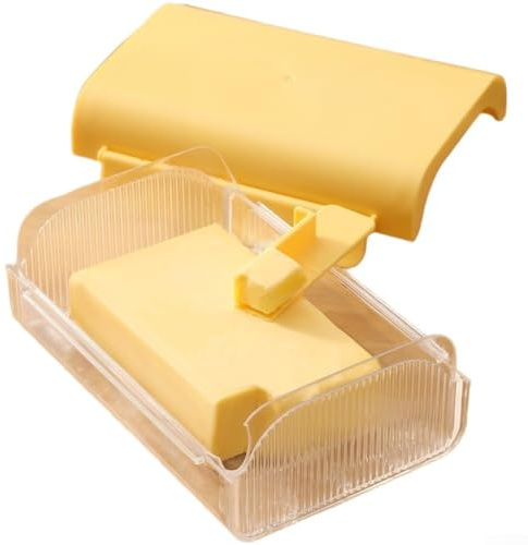 Caja de almacenamiento de mantequilla sellada con tapa de tabla de cortar y espátula de acero inoxidable, diseñada con ABS para mantener la frescura y fácil manejo de la cocina (amarillo)