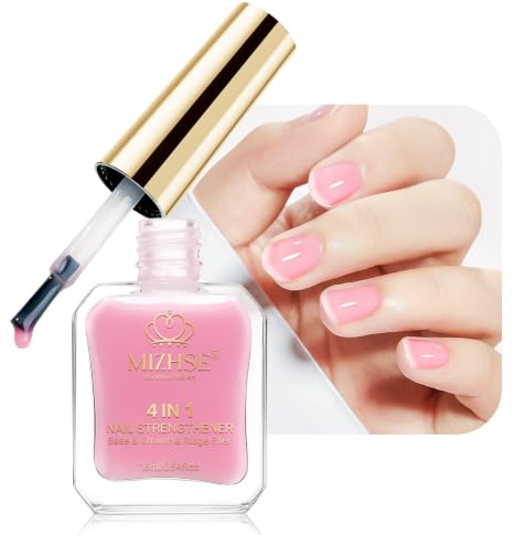 MIZHSE Nagelhärdare med färg extra stark rosa nagelhård styrka | Nagelhärdare för spröda naglar, 4-i-1 nagellackshårdare, snabbtorkande, 16 ml