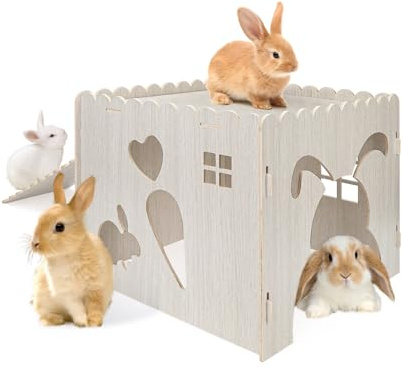 Jinzhenhong Großes Hasenschloss aus Holz, nagelfrei, wasserfestes und bissfestes Kaninchenversteck mit rutschfester Rampe und hohlem Design, niedliches Kaninchenhaus für Eichhörnchen, Meerschweinchen