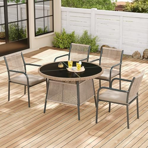 Lcoho Modernes Gartenmöbel-Set aus Rattan, Runder Glastisch + 4 Armlehnstühle, Eisengestell, Geeignet für Terrasse/Balkon/Deck