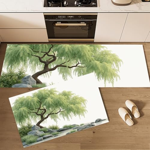 Set Di 2 Tappeti Da Cucina Minimalista Cinese, Tappetini Salice Pietra Per La Decorazione Della Casa E L'Ufficio, Antiscivolo, Tappetini Da Cucina Verde Chiaro, 43x75cm+43x150cm