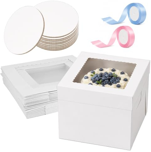 Forbabe 10-pack tårtkartong set, 25 x 25 x 20 cm vit tårtlåda transportlåda | Tårtfat med tårtfat och 44 m satinband, kaklåda för transport och presentation av kakor/bakverk/kakor