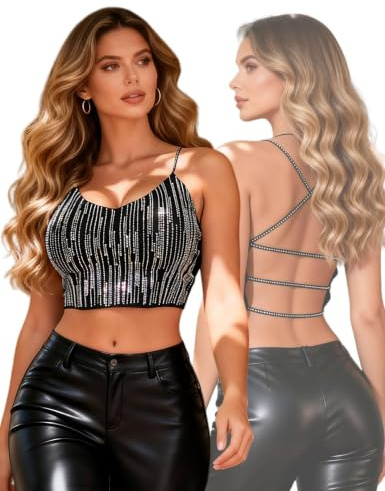 comeondear Crop Top Damen Sexy Trägertop Sommertop Tank Top Clubwear | Glitzer mit Strass, Bauchfrei, Ausnehmbare Pads, Überkreuzte Träger, Rückenfrei, Y2K Festival Outfit Party, Camisole Ärmellos