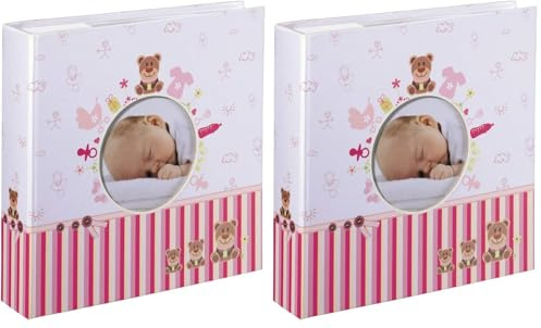 Hama Babyalbum Moni, Einsteckalbum für 200 Fotos im Format 10x15, Kinderalbum mit Beschriftungsfeld für Notizen und Selbstgestaltung, Ausschnitt für Foto, Baby Fotoalbum für Mädchen, 22,5x22,5cm, rosa