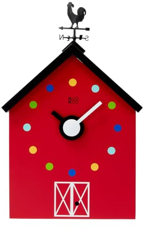 KOOKOO Red Barn Large, Farmhouse Clock with 12 Animal Sounds, a Rooster and a Rotating weathervane