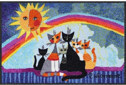 Rosina Wachtmeister Fußmatte Sunny Family 050x075 Fußabtreter außen Hauseingang Schmutzfangmatte Katzen bunt rutschfest waschbar