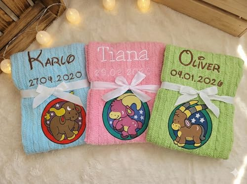 KIDDI-MEDIA Sternzeichen Babydecke Bestickt, Apfelgün | Mit Name und Geburtsdatum, Kuschelig weich