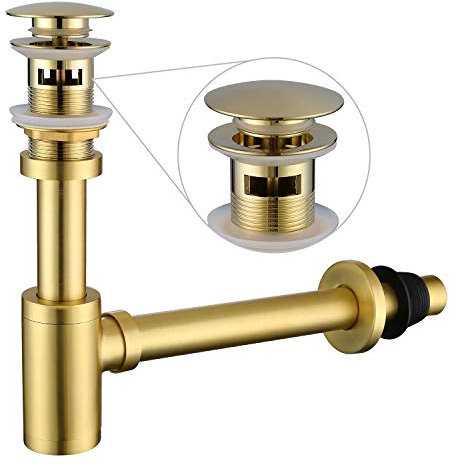 Miraga Waschbeckenstöpsel P-Trap Komplettset verstellbar 1-1/4 Waschbecken Ablaufgarnitur Rohr Massives Messing Flaschenverschluss mit Pop Up Ablaufstopfen Set, Überlauf-Version, Gold gebürstet