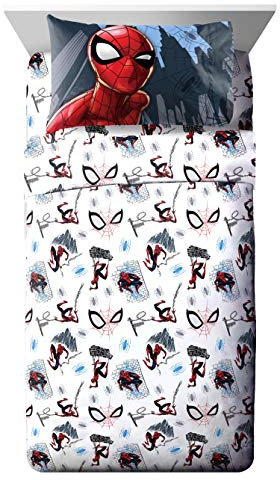 Jay Franco Kids Sheet Set with Fitted, Flat Sheets & Pillow Cover - Ultra-Soft Bedding with Pillowcase for Room Decor, White - Spiderman, 4 Piece Full