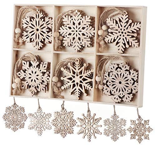 Schneeflocken aus Holz Weihnachtsdekoration 18 Stück,Unvollendet Hängeornamente Weihnachtsbaumschmuck mit Juteseil für Weihnachtsbaum,Basteln für Kinder und Dekoration für Winterfeiern -7cm