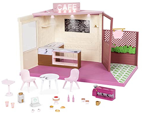 Lori - Kleines Café & Terrasse - Coffee Shop Spielset für Mini-Puppen - Spielzeug-Café mit Innenhof - Spielen Essen, Getränke & Möbel - Zubehör für 15-cm-Puppen - 3 Jahre +
