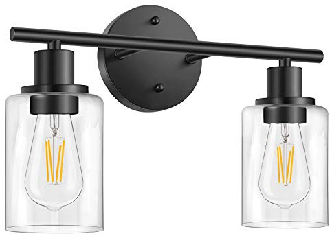 FOLKSMATE Bathroom Light Fixtures, 2 Light Matte Black Vanity Light, Vintage Wall Sconces Lighting, Modern Bath Wall Mounted Lights with Glass Shade