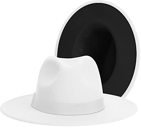 jingsha Two Tone Felt Fedora Hats Wide Brim Fedoras Flat Brim Fedora Hats with Band for Women and Men