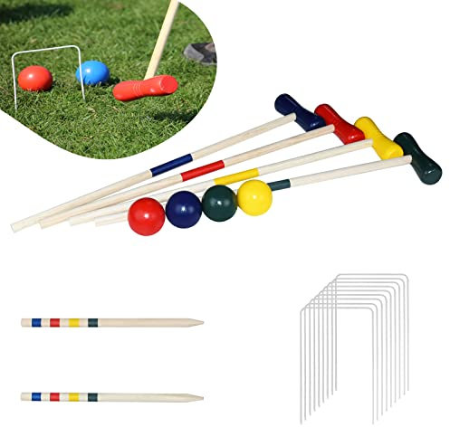 YRHome Krocket Spiel Outdoor Croquet Set Gartenspiel Krocketspiel Geschicklichkeitsspiel aus Holz Traditionelle Holzspielzeug für 4 Spieler Kinder Erwachsene mit Holzheringe Schlägeln Bällen Wickets