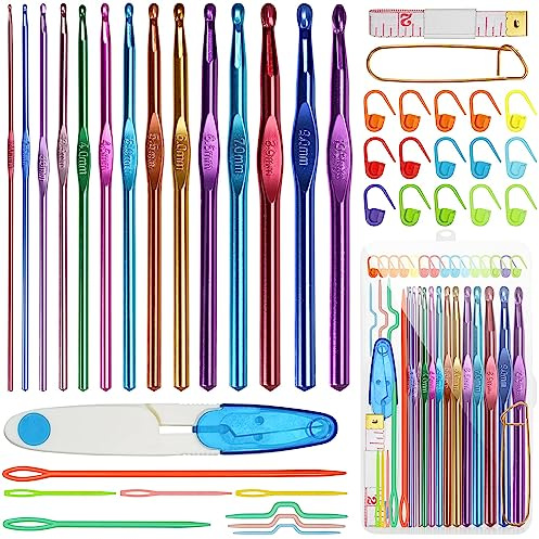 RealPlus 14 Stück Häkelnadel Set, Häkelnadeln Größen 2mm-10mm Aluminium | 41-teiliges Häkelnadel Set, Bunte Aluminiumnadeln 2-10mm Ergonomisch, Ideal für Anfänger – Geschenk für Schwestern