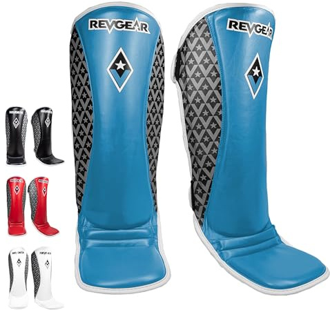 Revgear Superlite MMA Leather Shin Guards for Men Women, Kickboxing and Martial Arts (Blue, Medium)