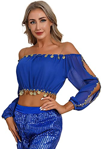 CHICTRY Bauchtanz Kostüm Damen Oberteil Kurz Bauchfrei Tanz T-Shirt Schulterfrei Tunika Bluse Pailletten Münzen Quasten Crop Top Belly Dance Outfit