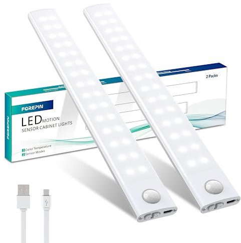 Forepin Under Cabinet Kitchen Lights, 2 Pack 3000mAh 60 LED Motion Sensor Cupboard Lights Indoor USB-C Rechargeable 3 Color Temperature Stepless Dimming Night Lights for Kitchen, Wardrobe, Stairs