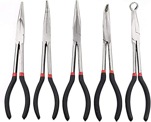 Iron Tongs,Pliers,Carpenters Pincers,Tools 5-Piece Set of Multi-Function Stainless Steel 11-Inch Long Needle-Nosed Pliers Curved Nose Pliers Round Nose Pliers Auto Repair Tools Pincers ( Color : Black