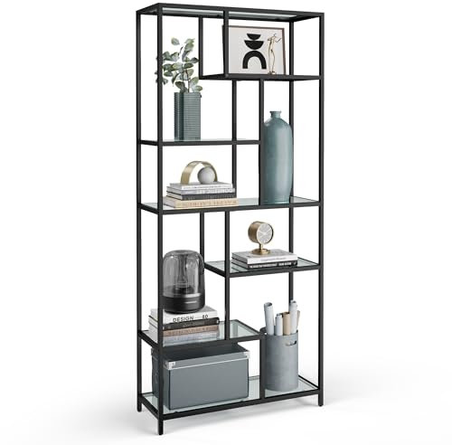 VASAGLE Bücherregal, Regal mit 6 Ablagen, Standregal, Ablagen aus Hartglas, 30 x 80 x 180 cm, für Arbeitszimmer, Büro, Wohnzimmer, Schlafzimmer, Küche, tintenschwarz-transparent LGT502B61