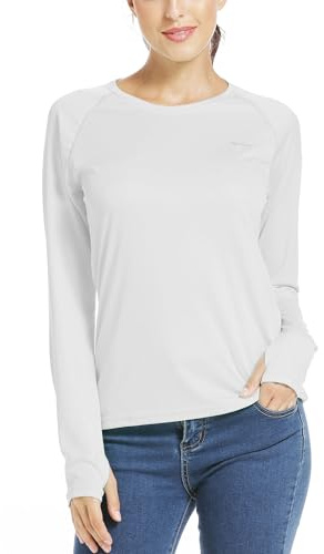 WILLIT Blusa deportiva para mujer, protección solar UPF 50+, camiseta de manga larga, camiseta deportiva Rashguard bañador, correr, natación, senderismo, pesca, tops ligeros, Blanco, L