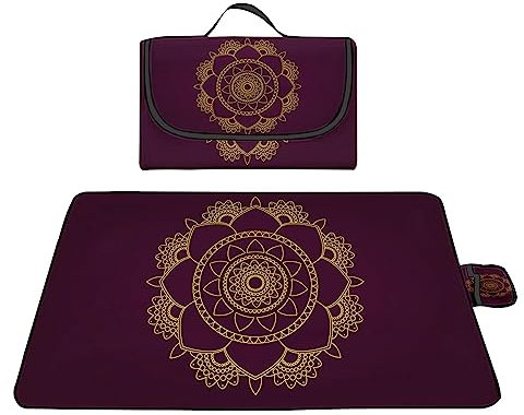 TengYuer Picknickdecke 180x200cm Stranddecke Wasserdicht Sandfrei Isoliert Faltbar Strandmatte mit Tragegriff Outdoor Campingdecke XXL für Camping Parks Strände Picknick Goldenes Mandala