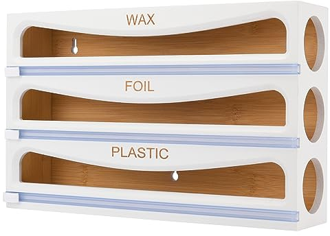 Cozee Bay Bambus-Spender mit Schneider, Kunststofffolien-Organizer, Aluminiumfolien-Organisation und Wachspapierspender für Küchenschublade und Wand, kompatibel mit 30,5 cm Rolle (02 weiß)
