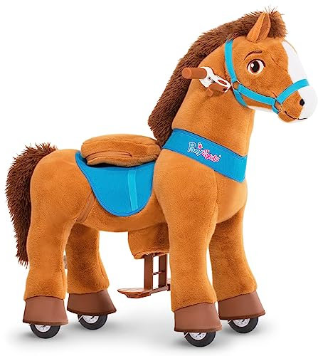PonyCycle Pferd zum reiten, für Kinder 3–4 Jahre, 76cm Hoch, Reitpferd auf Rollen mit Handbremse, Schaukelpferd groß Rollen, Braunes Rollpferd, Basis Modell E - E337