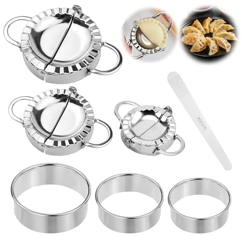 7 Stück Edelstahl Dumpling Maker, Teigtaschenformen + Teigausstecher, Ravioli Dumpling Maker Ravioli Former Rund Teigtaschenformer, 3 Größen, für Dumpling Ravioli Machen