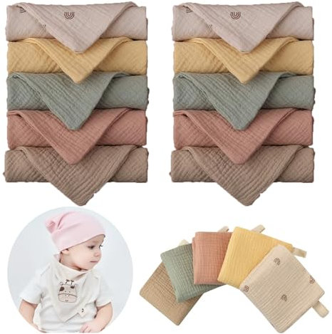 Funmo 10 Stück Baby Musselin Waschlappen Kinderservietten, Handtücher Set für Neugeborene, 23x23cm Gesichtstücher und Badetuch, Mehrweg Baby Waschlappen 100% Baumwolle Zufällige Farbe
