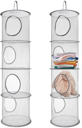 YWKJDDM Hängende Netz-Aufbewahrungstasche, 2 Stück Mesh Hängender Speicher Korb, Faltbare Aufbewahrungstasche Netz mit 4 Fächern Hängeaufbewahrung Kinderzimmer Spielzeug Kleine Kleidung (Grau)