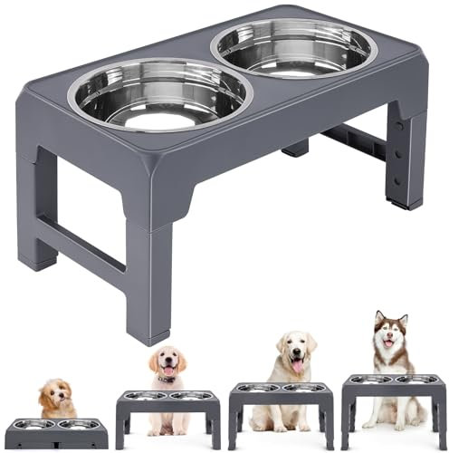 HDYEGIOU Elevated Dog Bowl, Rasied Dog Bowl with 2 Stainless Steel Dog Bowls,4 Heights Adjustable for Small Medium Large Dogs and Pets,Grey