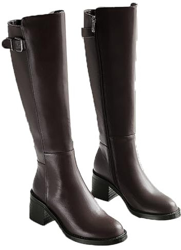LNNLOO Botas De Montar Ecuestres(34-39), Estilo Escocia - Botas Altas Ecuestres, Botas De Campo, Hebilla De Cinturón/Diseño De Cremallera Lateral, Cuero Liso, Para Mujer/Primavera, Otoño,38,Brown