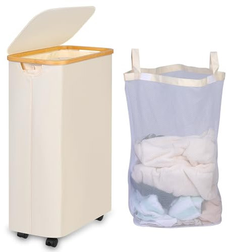 iEGrow Wäschekorb mit Rollen 75L, Wäschesammler Schmal mit Herausnehmbarer und Waschbarer Innentasche, Laundry Baskets Wäschekörbe mit Deckel für Kleidung, Spielzeug, Handtücher (Beige)