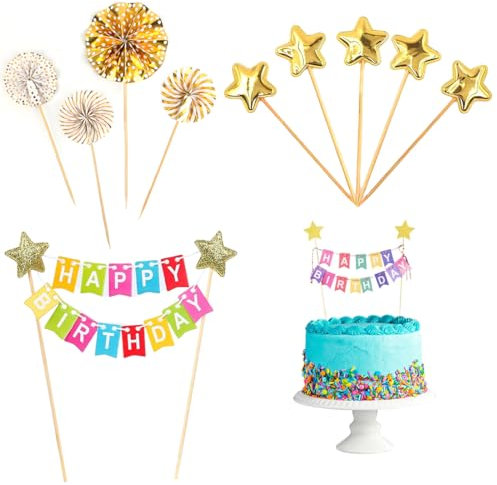 ZAMXHUG Decoración para Tartas de cumpleaños Set - Decoración Estrella para Tartas con Purpurina, Arco Iris Decoración para Tartas Happy Birthday, decoración para Tartas de Color Oro(10pcs)