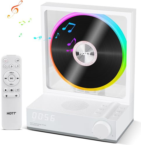HOTT CD-Player Tragbar mit Fernbedienung, Bluetooth 5.3 Desktop mit RGB-Lichtern, HiFi Lautsprecher, TF-Karten-Unterstützung, Transkription, LED-Bildschirm, Timer (Weiß)