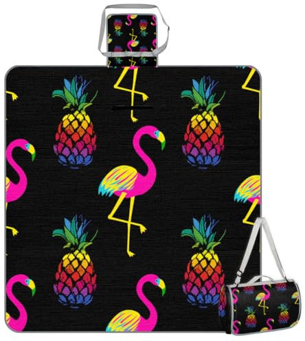 Mularoka Picknickdecke mit Ananas-Flamingo, wasserdicht, sanddicht, faltbar, Stranddecke, 150 x 145 cm, extra groß, tragbar, waschbar, Outdoor-Matte für Camping, Park, Gras, Wandern, Reisen
