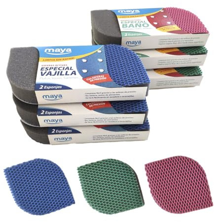 MAYA Confezione da 6 Spugne EVO per WC + 6 Spugne EVO Piatti. Pulisce senza Graffiare. Non Lascia Residui di Cibo. Lavabile in Lavastoviglie e in Lavatrice. Dimensioni 12x8,5x2,5 cm.